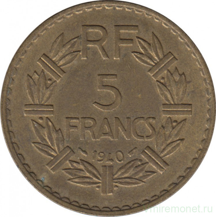 Монета. Франция. 5 франков 1940 год.