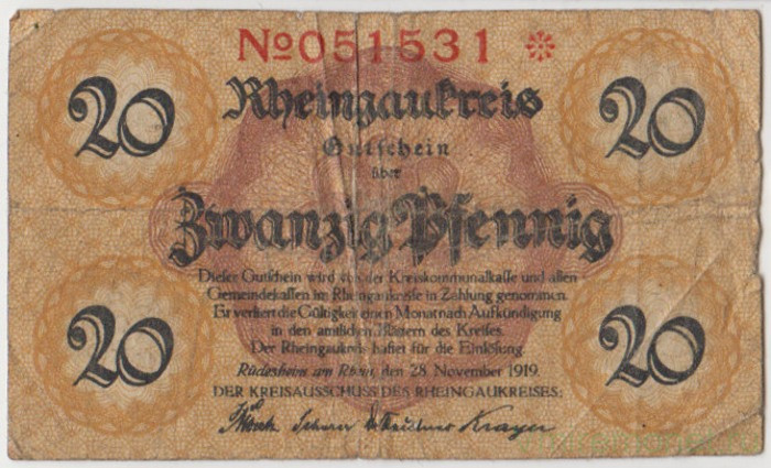 Бона. Нотгельд. Германия. Округ Рейнгау. 20 пфеннигов 1919 год.