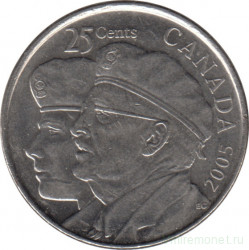 Монета. Канада. 25 центов 2005 год. Год ветеранов.