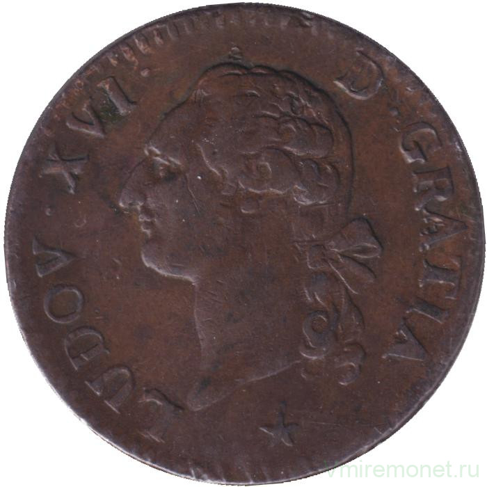 Монета. Франция. 1 соль 1791 год. Людовик XVI. W.