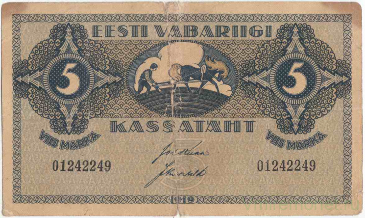 Банкнота. Эстония. 5 марок 1919 год. Тип 45а.