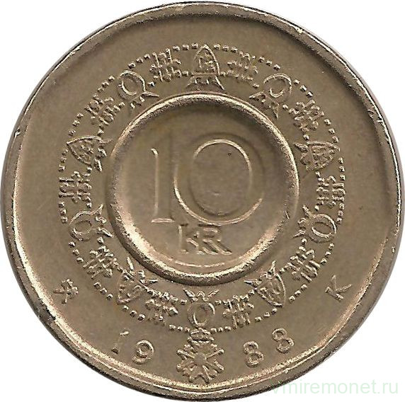 Монета. Норвегия. 10 крон 1988 год.