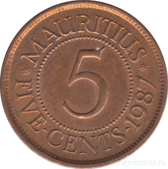 Монета. Маврикий. 5 центов 1987 год.