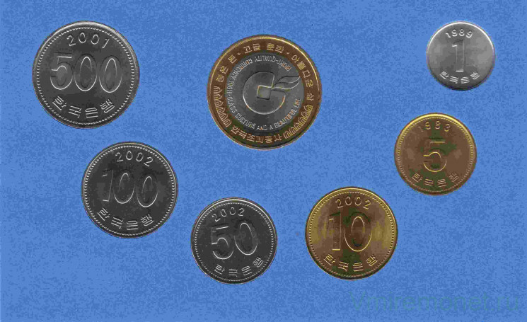 Монета. Южная Корея.  Набор 6 штук. 1, 5, 10, 50, 50, 100 вон 1983 - 2002 год.
