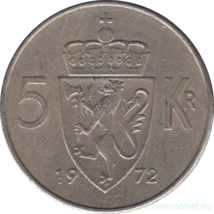 Монета. Норвегия. 5 крон 1972 год.
