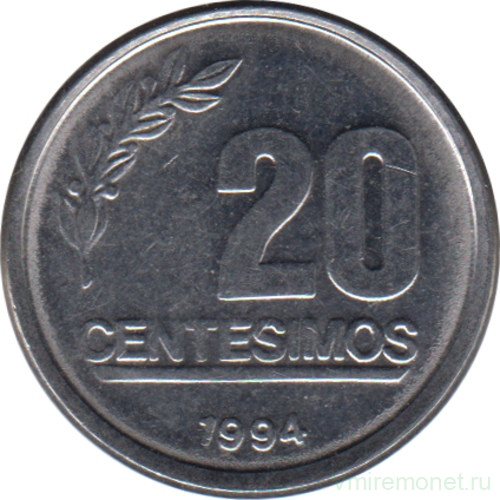 Монета. Уругвай. 20 сентесимо 1994 год.