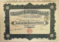 Акция. Франция. Париж. АО "CHAUX ET CIMSRUS DE CHANAZ". Акция на предъявителя в 100 франков.