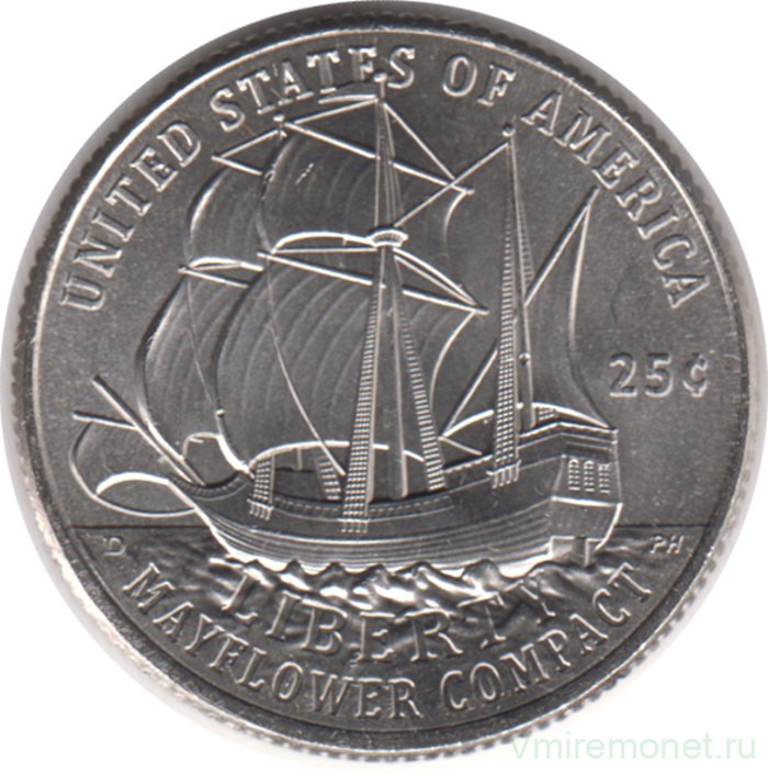 Монета. США. 25 центов 2026 год. 250 лет независимости США. Мейфлауэр. Монетный двор D.