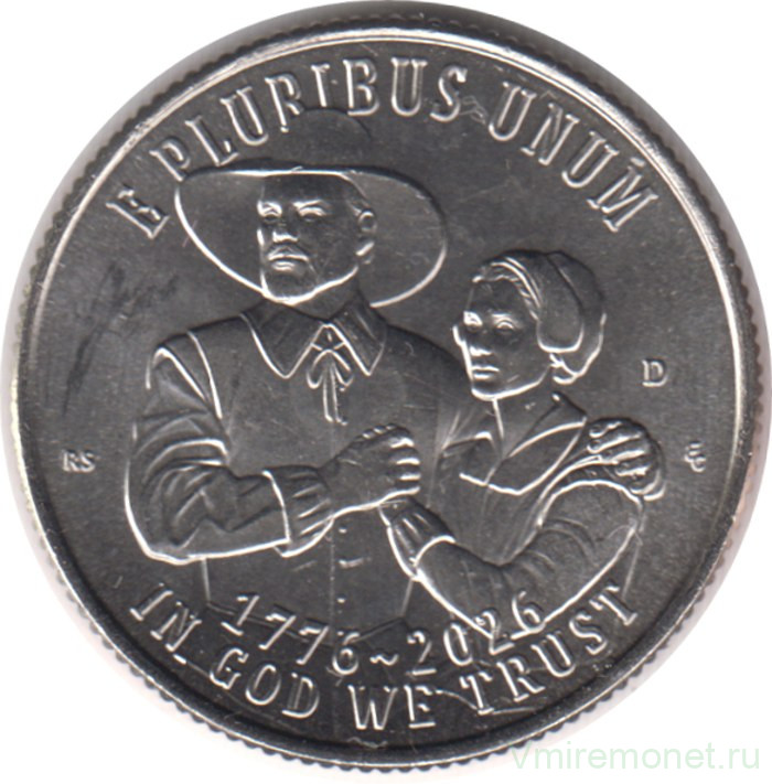 Монета. США. 25 центов 2026 год. 250 лет независимости США. Мейфлауэр. Монетный двор D.