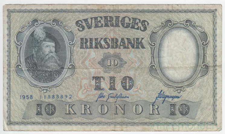 Банкнота. Швеция. 10 крон 1958 год. Тип 43f(8).