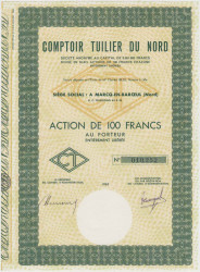 Акция. Франция. Лиль. Акционерное общество "COMPTOIR TUILIER DU NORD". Акция на предъявителя в 100 франков 1963 год.
