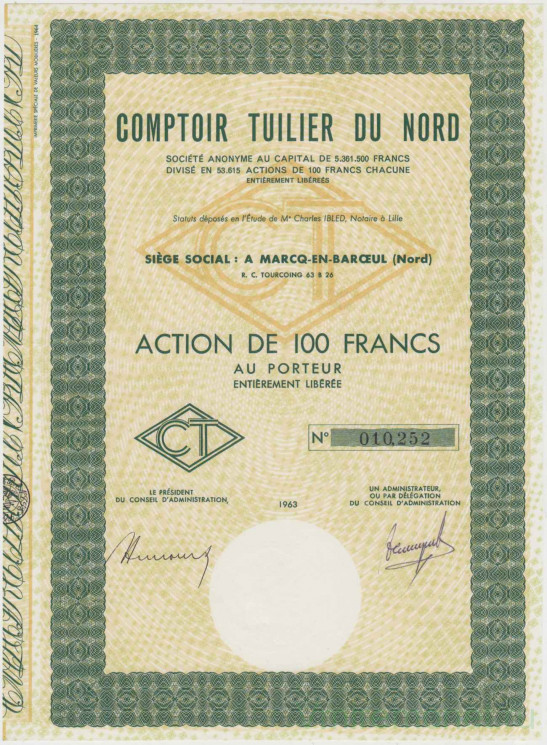 Акция. Франция. Лиль. Акционерное общество "COMPTOIR TUILIER DU NORD". Акция на предъявителя в 100 франков 1963 год.