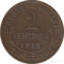 Монета. Франция. 2 сантима 1913 год.