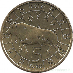 Монета. Сан-Марино. 5 евро 2018 год. Телец. Знаки зодиака.