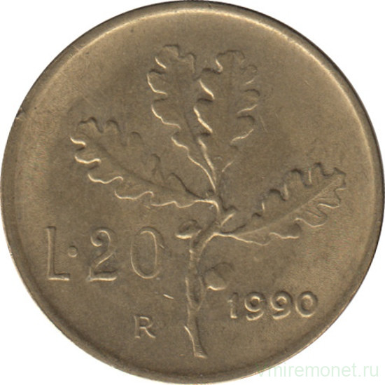 Монета. Италия. 20 лир 1990 год.
