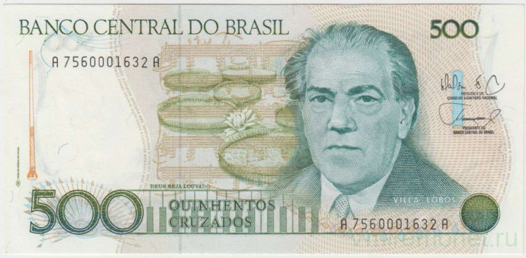 Банкнота. Бразилия. 500 крузадо 1986 - 1988 года. Тип 212d.