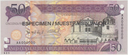 Банкнота. Доминиканская республика. 50 песо 2006 год. Образец. Тип 176а.