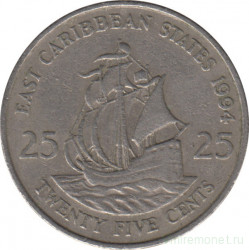 Монета. Восточные Карибские государства. 25 центов 1994 год.