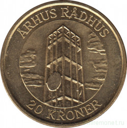 Монета. Дания. 20 крон 2002 год. Башня ратуши. Орхус.