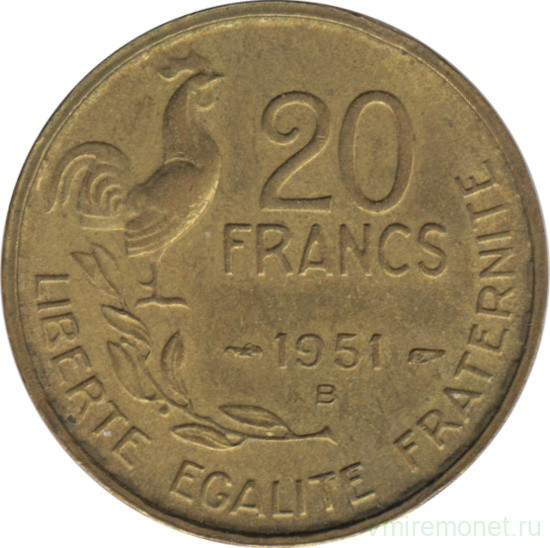 Монета. Франция. 20 франков 1951 год. Монетный двор - Бомон-ле-Роже (B).