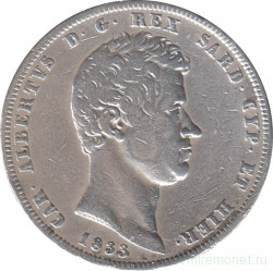 Монета. Сардиния. 5 лир 1833 год. P. Якорь.