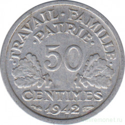 Монета. Франция. 50 сантимов 1942 год. Монетный двор - Париж. Правительство Виши.
