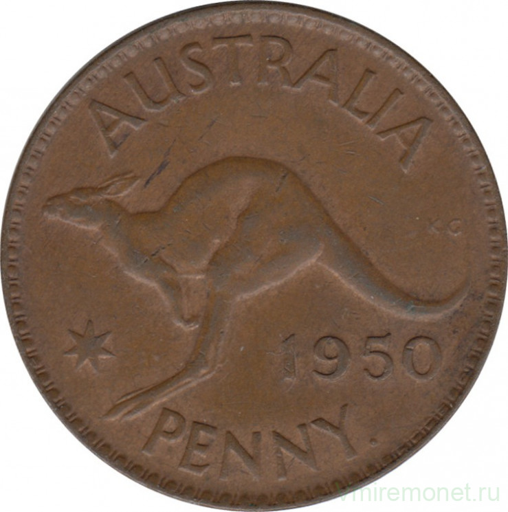 Монета. Австралия. 1 пенни 1950 год. Точка после "PENNY".