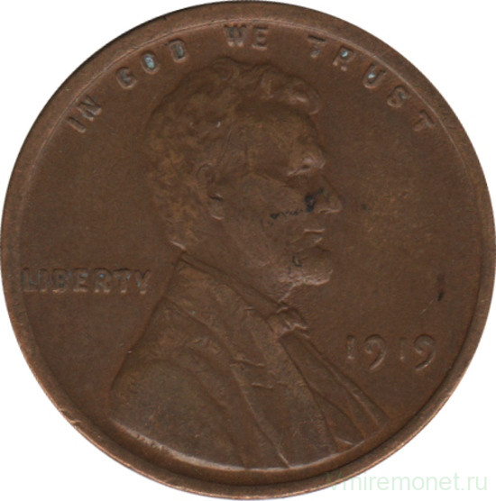 Монета. США. 1 цент 1919 год.
