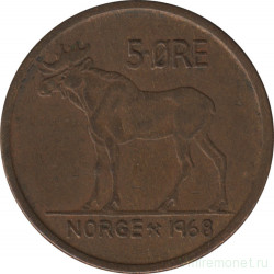 Монета. Норвегия. 5 эре 1968 год.