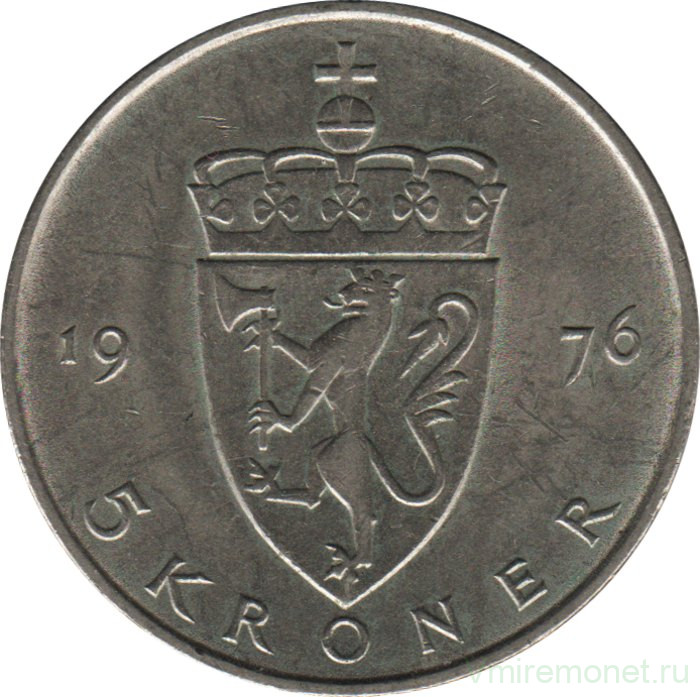 Монета. Норвегия. 5 крон 1976 год.