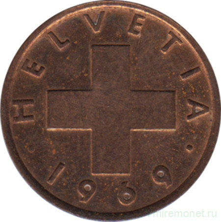 Монета. Швейцария. 1 раппен 1969 год.