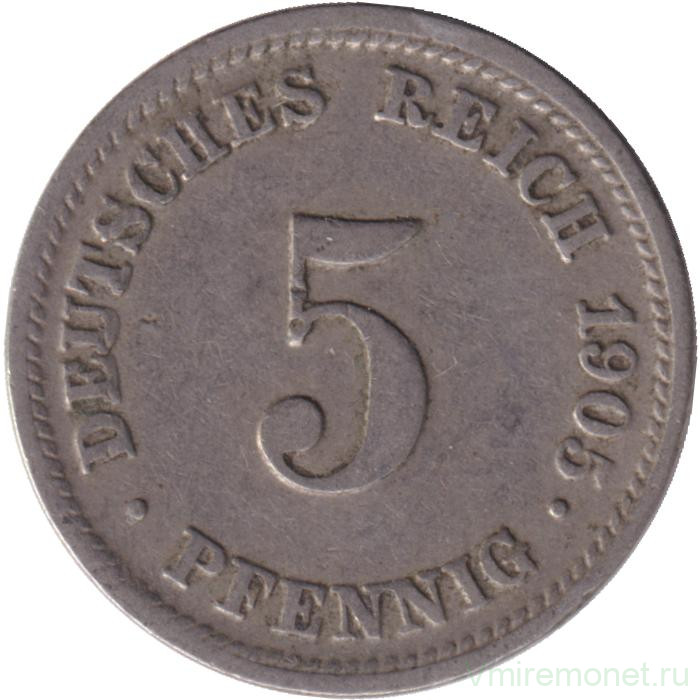 Монета. Германская империя. 5 пфеннигов 1905 год. (D).