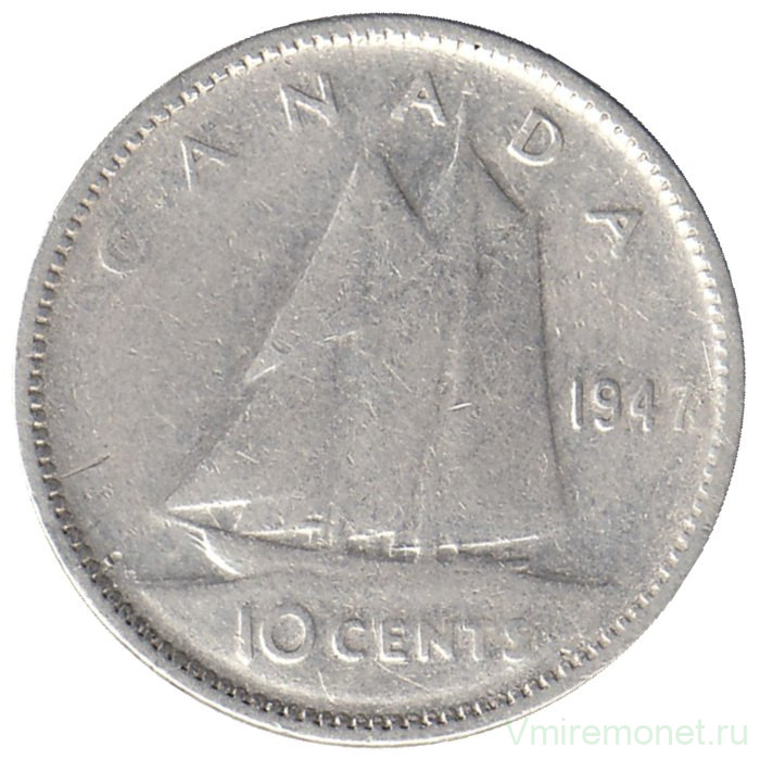 Монета. Канада. 10 центов 1947 год. (остатки кленового листа после года)