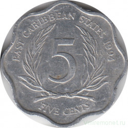 Монета. Восточные Карибские государства. 5 центов 1994 год.