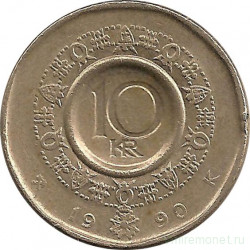 Монета. Норвегия. 10 крон 1990 год.