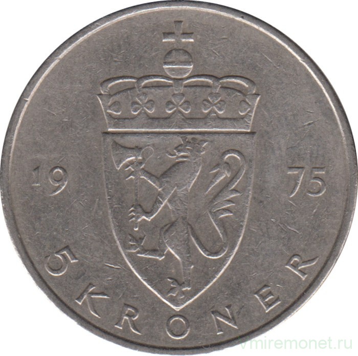 Монета. Норвегия. 5 крон 1975 год.