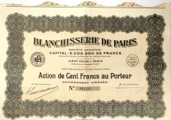 Акция. Франция. Париж. АО "Blanchisserie de Paris". Акция на предъявителя в 100 франков 1929 год. С 10-ю купонами.