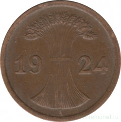 Монета. Германия. Веймарская республика. 2 рейхспфеннига 1924 год. Монетный двор - Берлин (А).