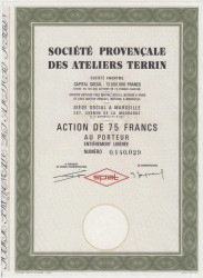 Акция. Франция. Марсель. Акционерное общество "SOCIÉTÉ PROVENÇALE DES ATELIERS TERRIN". Акция на предъявителя в 75 франков 1960 год.