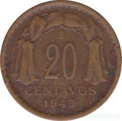 Монета. Чили. 20 сентаво 1943 год.