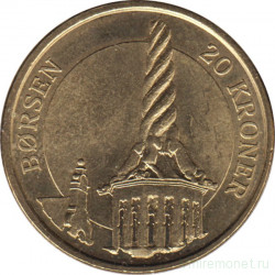 Монета. Дания. 20 крон 2003 год. Башня фондовой биржи Борсен. Копенгаген.