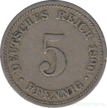 Монета. Германия (Германская империя 1871-1922). 5 пфеннигов 1900 год. (D).