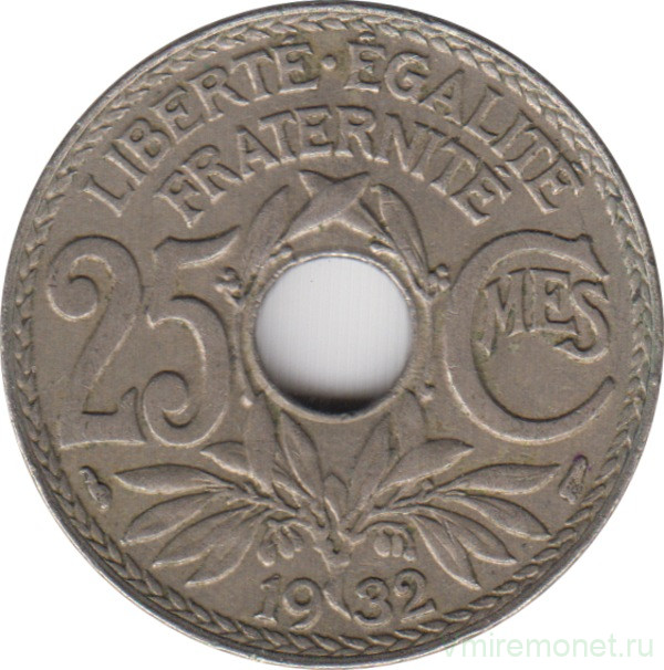 Монета. Франция. 25 сантимов 1932 год.