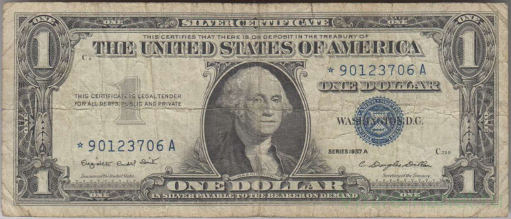 Банкнота. США. 1 доллар 1957 год. Синяя печать. А. Знак * - серия замещения. Тип 419а.
