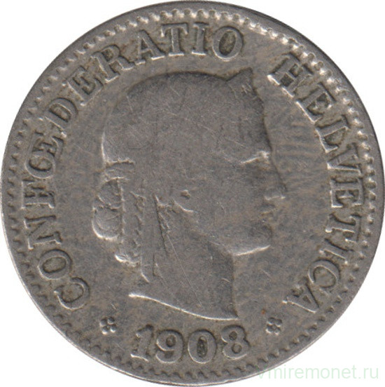 Монета. Швейцария. 10 раппенов 1908 год.