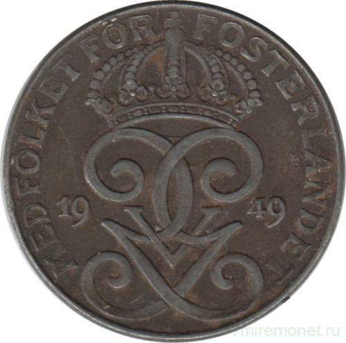 Монета. Швеция. 2 эре 1949 год (9 - длинный хвост).