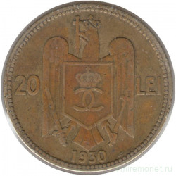 Монета. Румыния. 20 лей 1930 год. Портрет Кароля II. H.