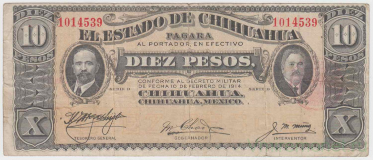 Банкнота. Мексика. Штат Чихуахуа. 10 песо 1915 год.