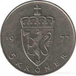 Монета. Норвегия. 5 крон 1977 год.