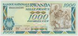 Банкнота. Руанда. 1000 франков 1988 год. (в номере 2 буквы).